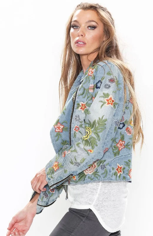 Lucinda Floral Embroidered Moto Denim Jacket Notch Collar Peter Pan Collar Cowl Neck