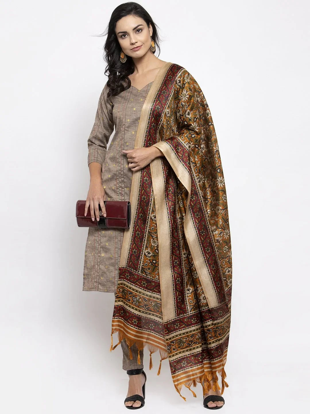 Women Grey Striped Kurta With Trousers & Mustard Printed Dupatta - Rasiya Trousers Striped Patterned