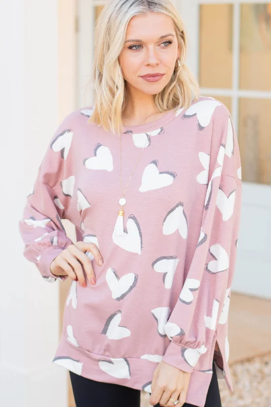 All For Your Love Rose Pink Heart Print Pullover Hooded Pullover Sweater