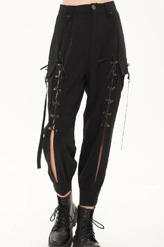 Black Punk Multi Pocket Skull Head Decoration Trouser Leg Opening Tie Women's Long Pants Trousers Exclusive Limited Black Punk Multi Pocket Skull Head Decoration Trouser Leg Opening Tie Women's Long Pants Trousers Exclusive Limited