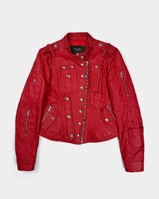 Moschino Bondage Red Leather Jacket  2000's Insulated Jacket Fitted Jacket Loose Jacket