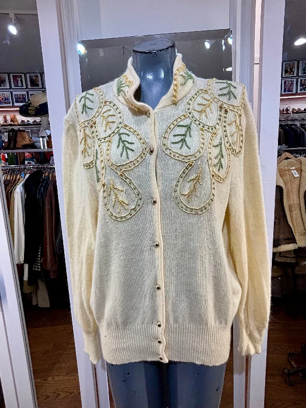 60’s Light Beige Cardigan With Beads By M. G. Vulpinari Stretchy Elastic Breathable