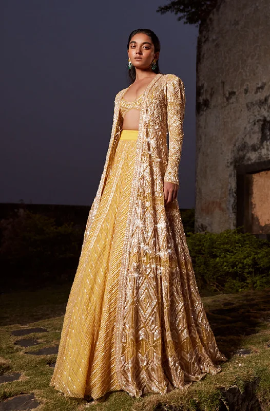 Agata Yellow Lehenga Set With Long Jacket And Chevron Lehenga Satin Fabric Silk Fabric Chiffon Fabric Agata Yellow Lehenga Set With Long Jacket And Chevron Lehenga Satin Fabric Silk Fabric Chiffon Fabric