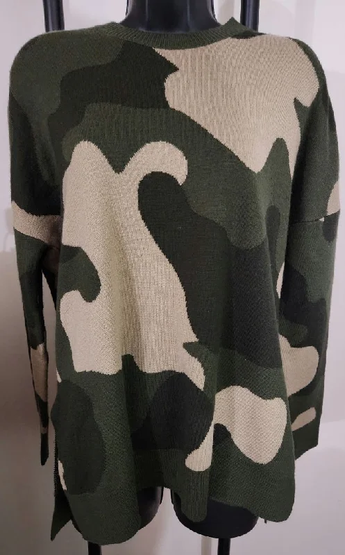 S - Camo Sweater Boat Neck Shawl Collar Notched Collar