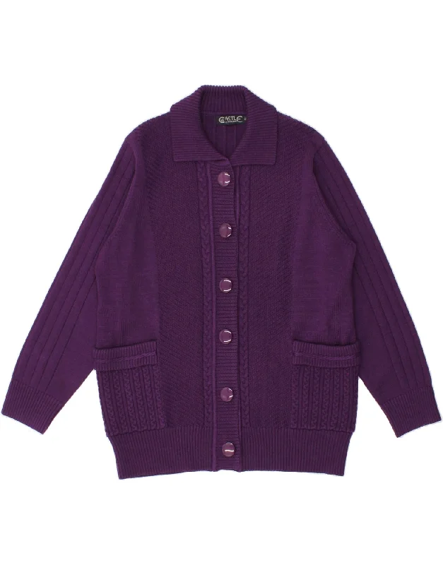 CASTLE OF IRELAND Womens Cardigan Sweater UK 16 Large Purple Wool Chenille Blend Fleece Blend Nylon Blend