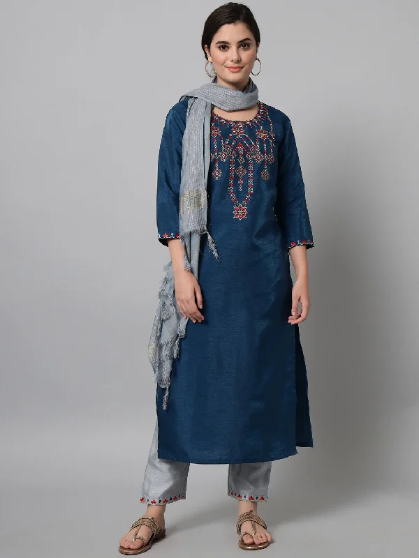 Women's Teal Blue Kurta Trouser Set With Geometric Embroidery  - Tulsattva Trousers Custom Made