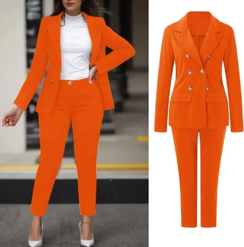 Two Piece Women's Formal Double Breasted Blazer Jacket and Pants Set L 480693 Front Pockets Side Pockets Patch Pockets