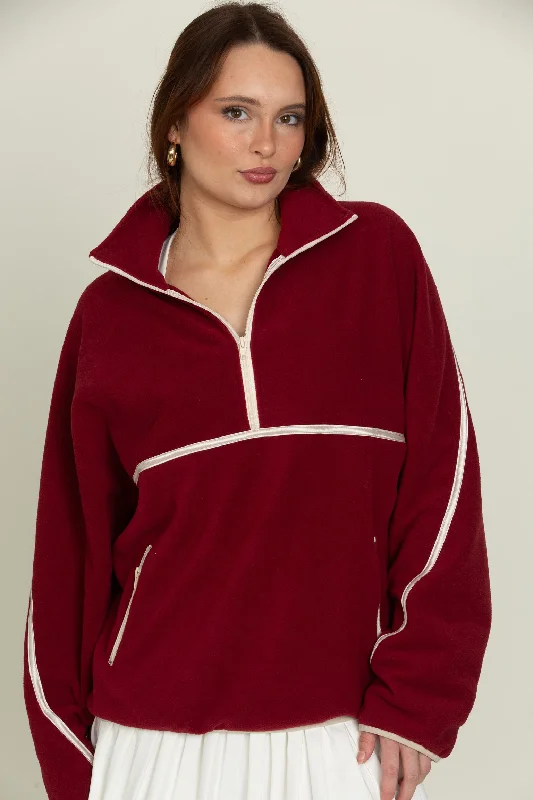 Maroon Minimalistic Half-Zip Pullover Long Bell Sleeve