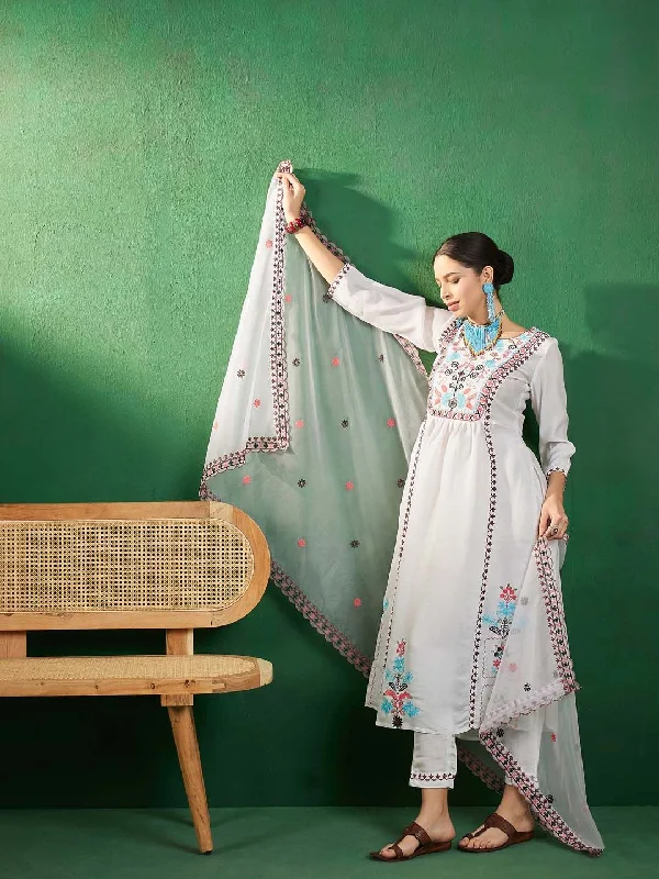 Sangria Off White Embroidered A-Line Kurta With Trouser & Dupatta Trousers Polka Dot Cute Sangria Off White Embroidered A-Line Kurta With Trouser & Dupatta Trousers Polka Dot Cute