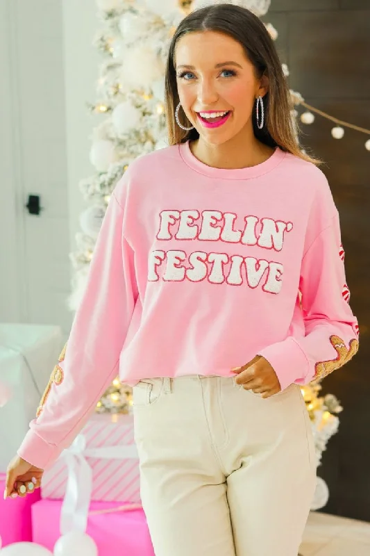 Hazel Blues® |  Feelin Festive Pink Sweater Ribbed Striped Patterned