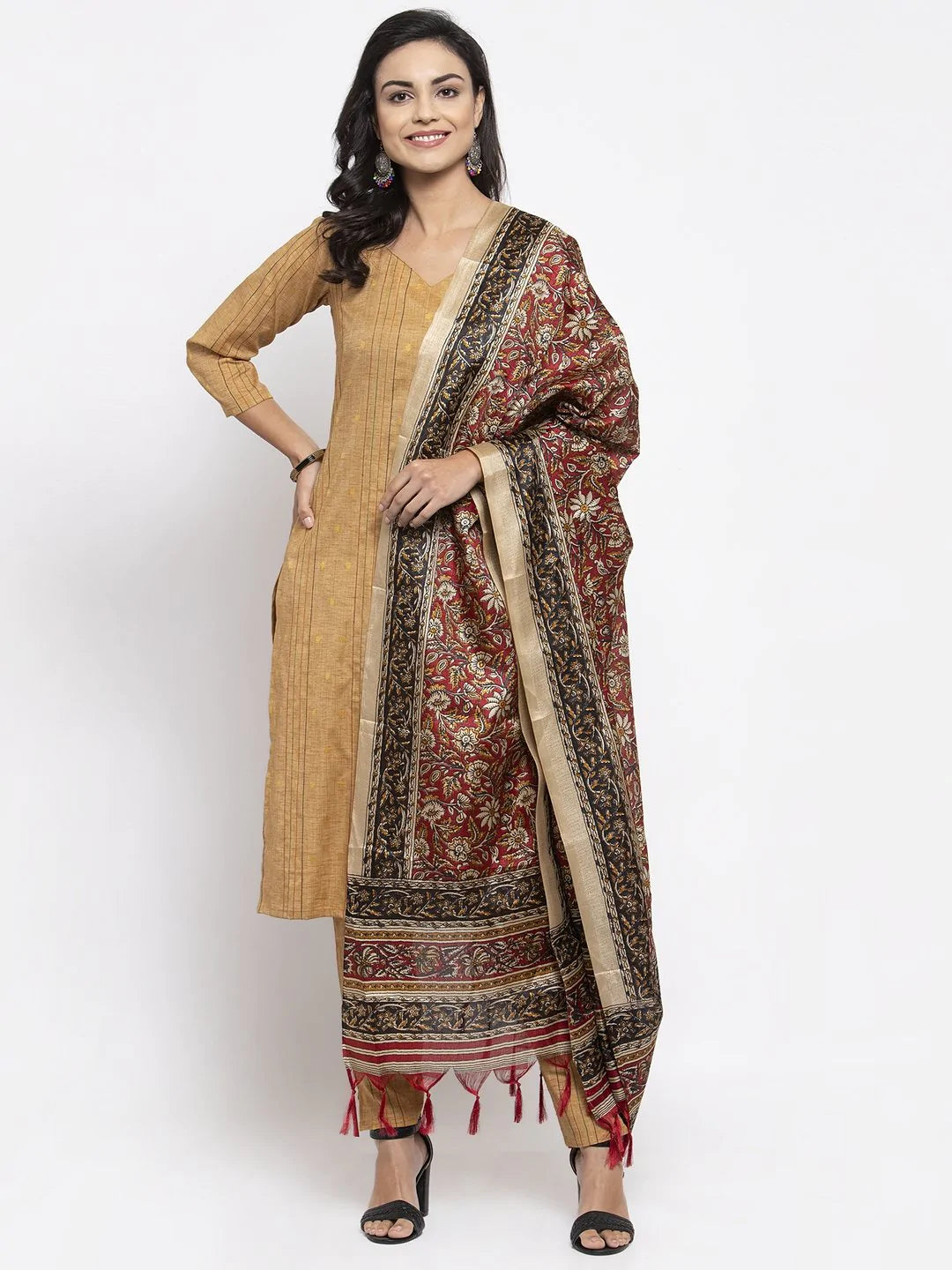 Women Beige & Black Striped Kurta With Trousers & Red Printed Dupatta - Rasiya Trousers Cargo pockets