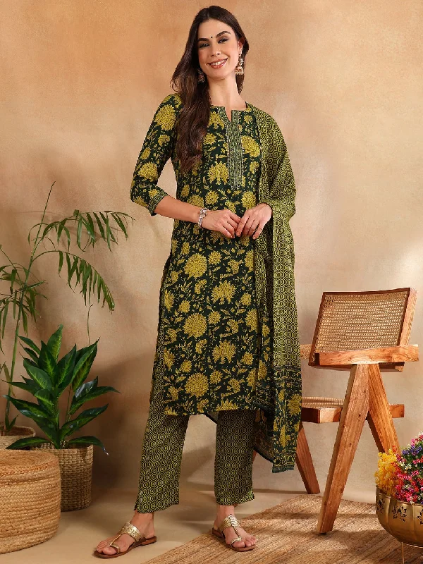 Women's Green Rayon Blend Floral Printed Straight Kurta Trouser With Dupatta - Ahika Trousers luxurious premium