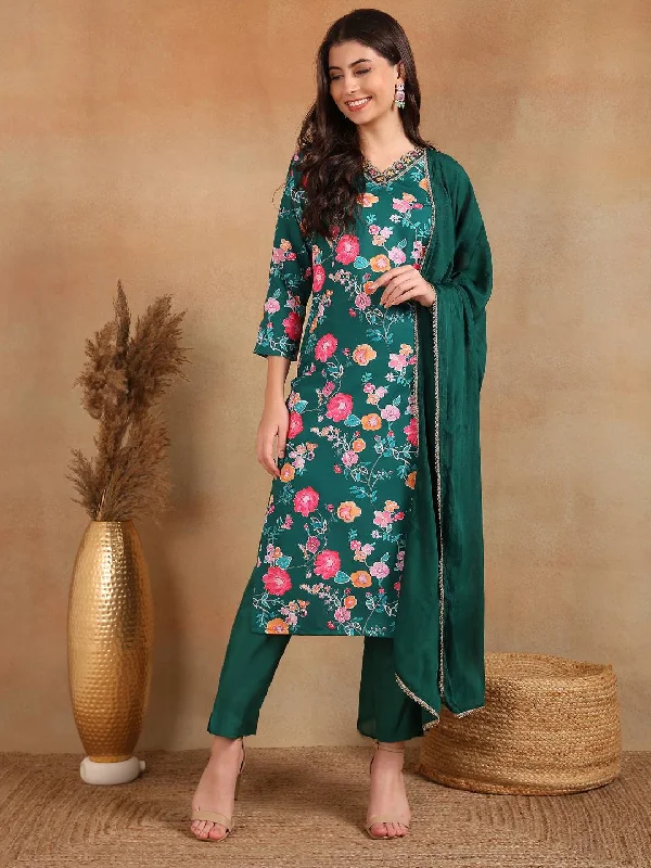 Women's Green Polyester Floral Printed Straight Kurta Trousers With Dupatta - Ahika Trousers Floral Bohemian