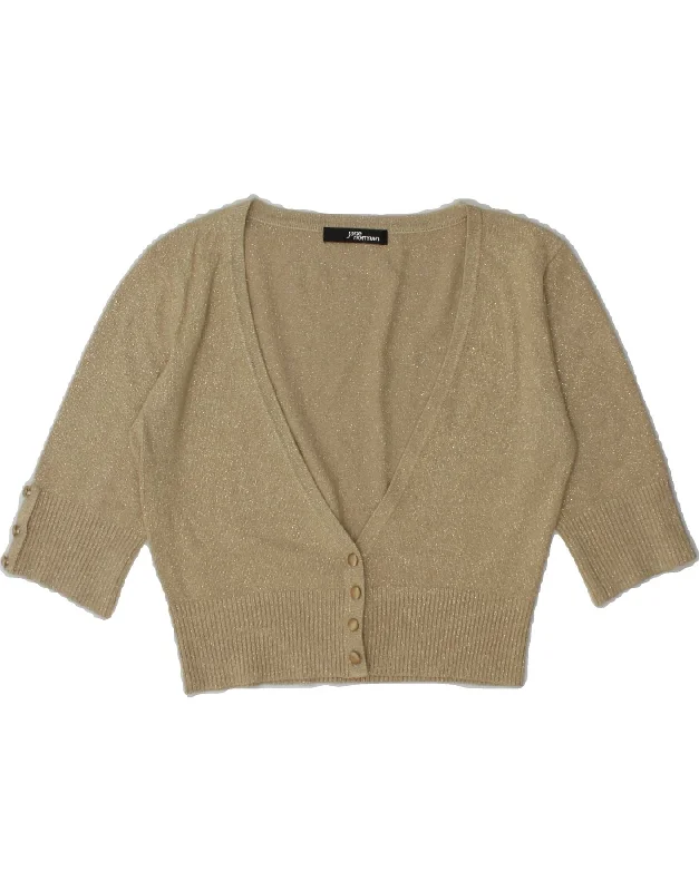 JANE NORMAN Womens Short Sleeve Crop Cardigan Sweater UK 10 Small Gold Bright Pastel Dark