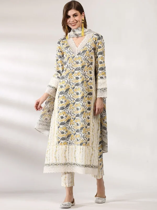 Anouk Floral Printed Regular Thread Work Pure Cotton Kurta With Trousers & Dupatta Trousers Winter Warm Anouk Floral Printed Regular Thread Work Pure Cotton Kurta With Trousers & Dupatta Trousers Winter Warm