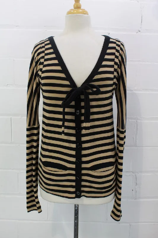 Vintage 1990s Sonia Rykiel Black and Brown Striped Cardigan, Small Hooded Cardigan Collared Cardigan Shawl Collar