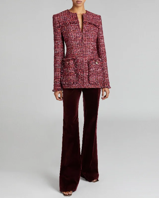 BRITT Bordeaux Tweed Jacket with Fringe Detail Rayon Fabric Velvet Fabric Corduroy Fabric