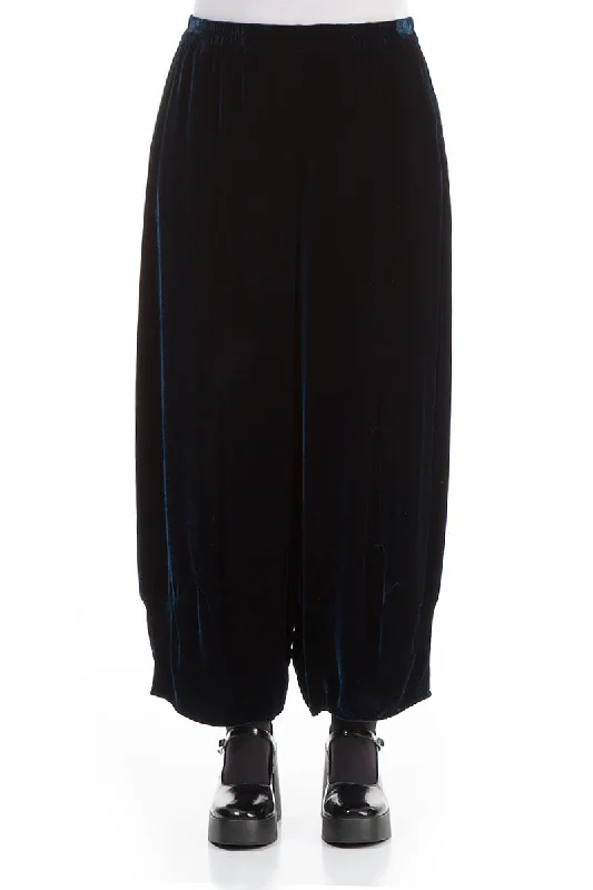 Loose Petrol Blue Silk Velvet Trousers Trousers Formal Black