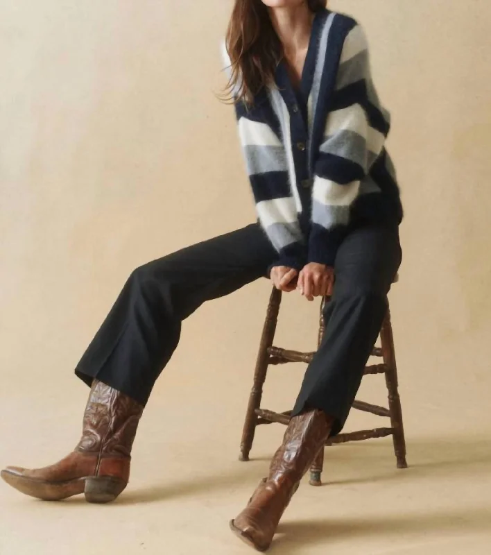 Fluffy Slouch Cardigan In Navy Stripe Polka Dot Checkered Tartan