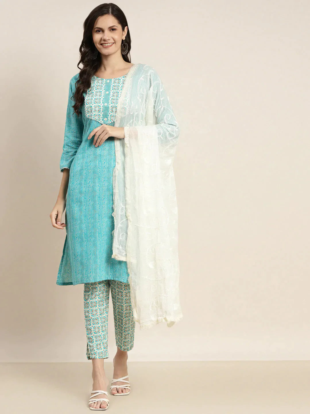 Printed Gotta Patti Kurta With Trousers & Dupatta Blue - Rasiya Trousers Harem Relaxed Fit