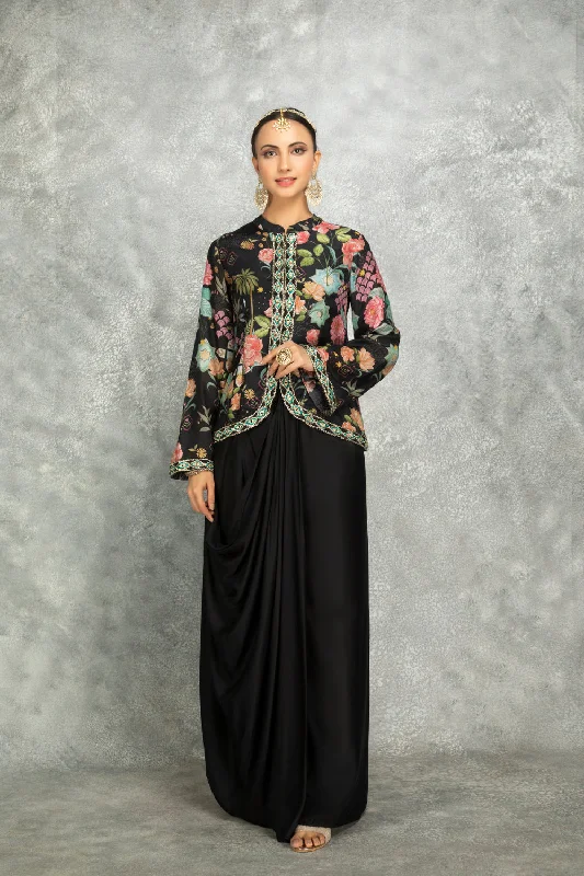 Black Embroidered Printed Jacket With Drape Skirt Plaid Jacket Tartan Jacket Houndstooth Jacket Black Embroidered Printed Jacket With Drape Skirt Plaid Jacket Tartan Jacket Houndstooth Jacket