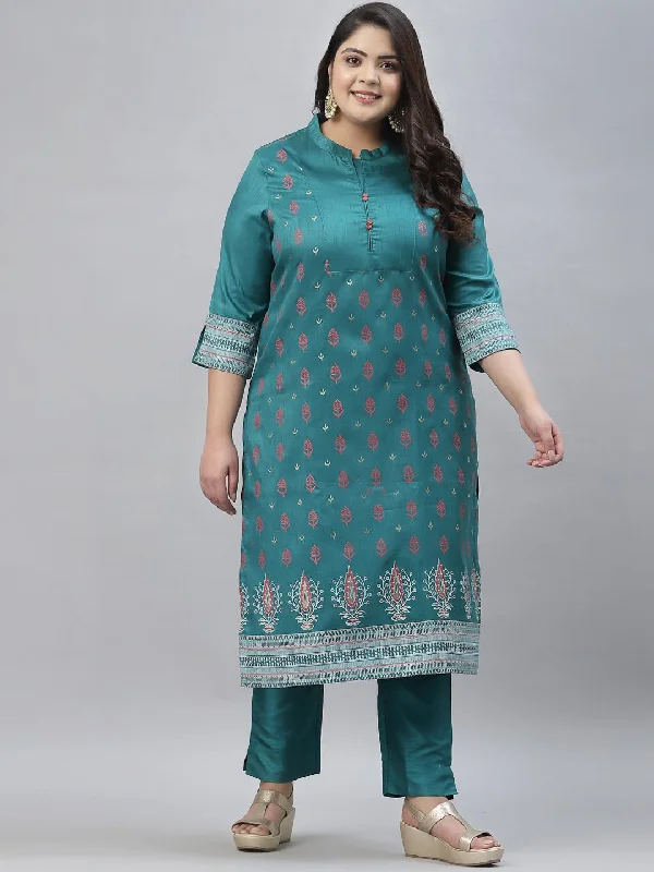 Sztori Plus Size Floral Foil Printed Mandarin Collar Straight Kurta with Trousers Trousers cozy soft