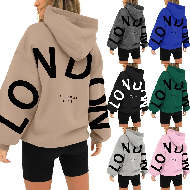 Printed Long Sleeve Loose Pockets Hooded Sweater Fitted Loose Oversized