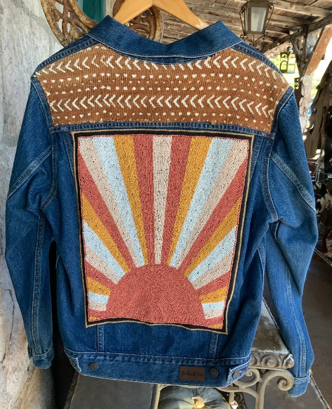 Custom Beaded Sun Denim Jacket Fleece Jacket Down Jacket Parka