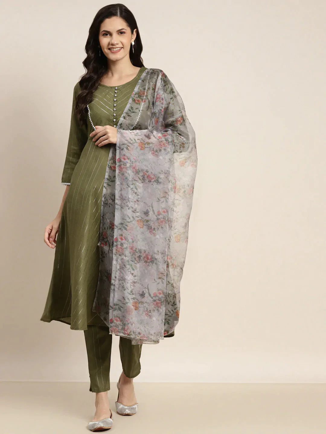 Gotta Patti Kurta With Trousers & With Dupatta Green - Rasiya Trousers Tapered Slim Fit