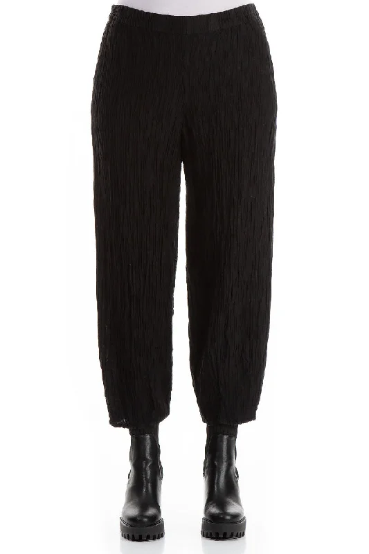 Elegant Taper Crinkled Black Silk Trousers Trousers Tapered Slim Fit