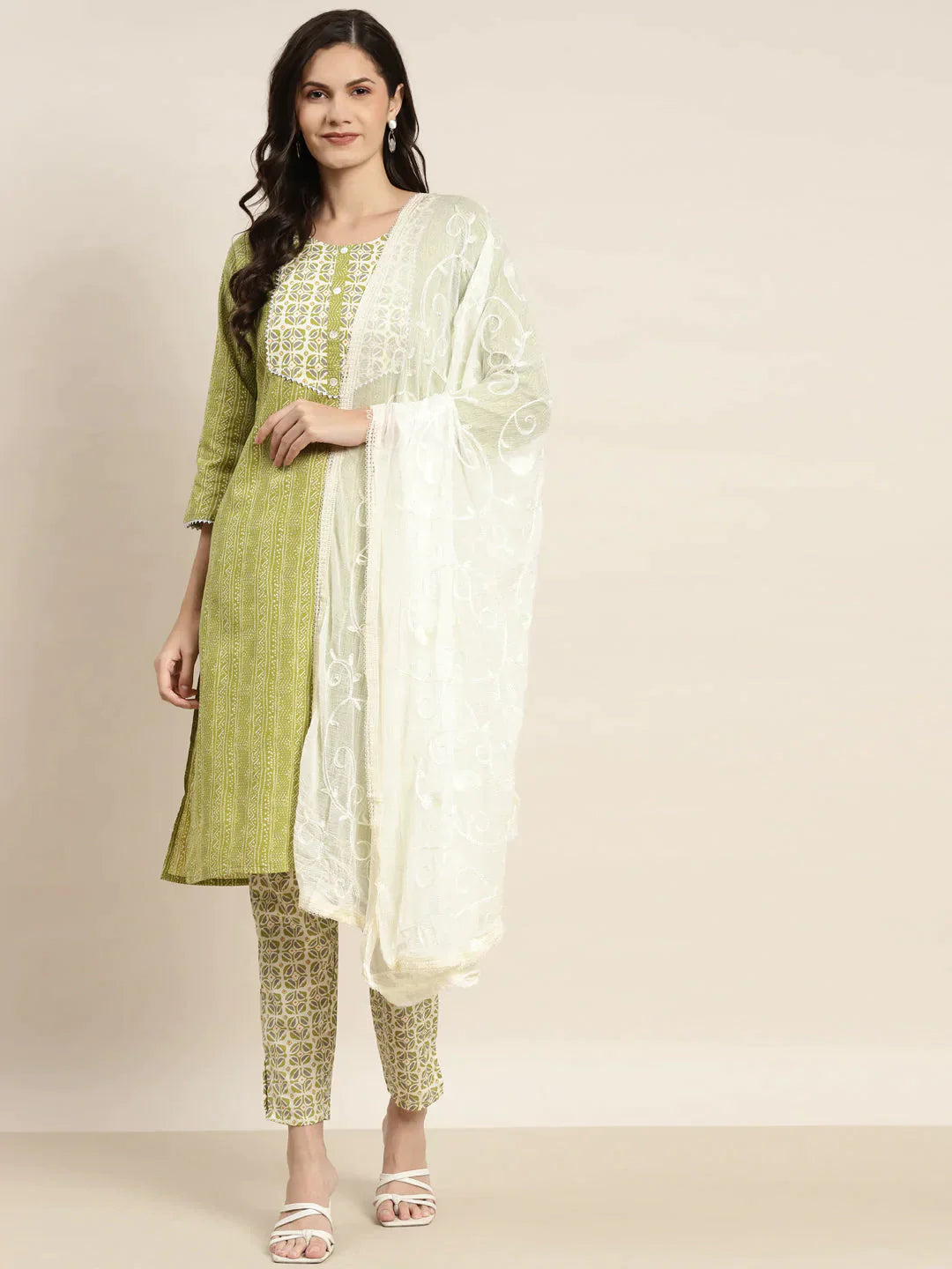 Printed Gotta Patti Kurta With Trousers & Dupatta Green - Rasiya Trousers Cargo Utility