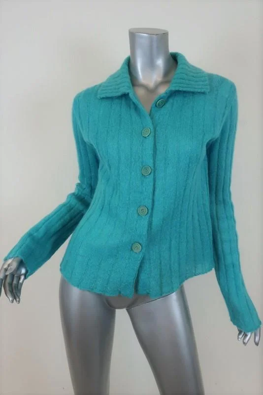 Kenzo Cardigan Turquoise Ribbed Knit Size Medium Button Front Sweater Cotton Fabric Linen Fabric Terry Fabric