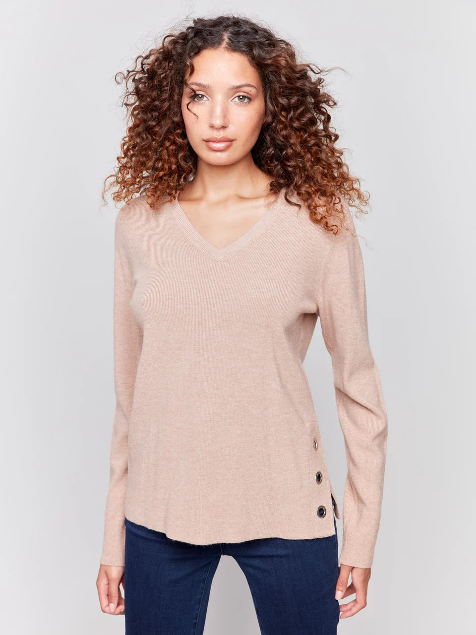 V-Neck Sweater with Side Slit & Eyelet Details Rayon Fabric Velvet Fabric Corduroy Fabric