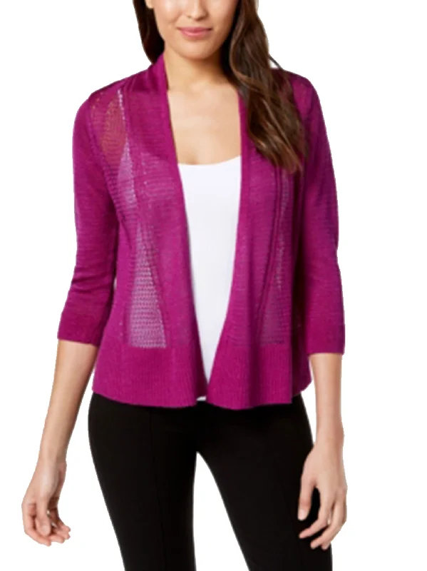 Women's Sheer Mixed-Knit Cardigan,Purple Patchwork Embroidered Appliqued