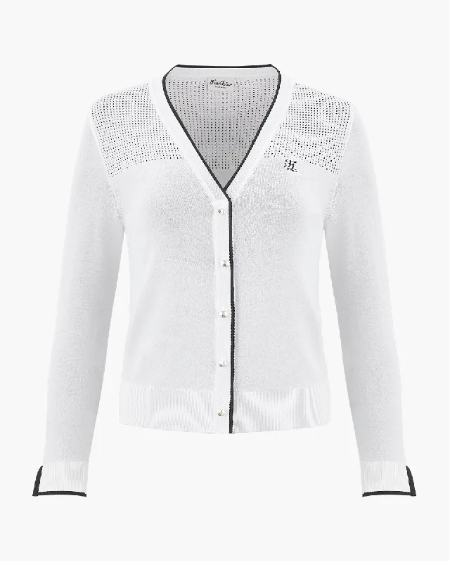 V -neck color scheme line cardigan - White Fleece Cardigan Nylon Polyester