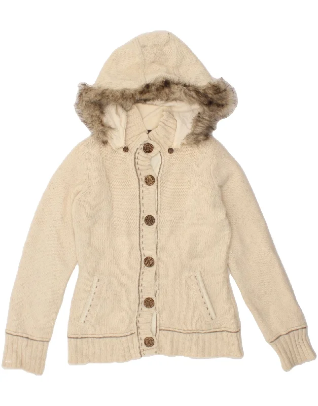 FAT FACE Womens Hooded Cardigan Sweater UK 8 Small Off White Lambswool Notch Collar Peter Pan Collar Cowl Neck FAT FACE Womens Hooded Cardigan Sweater UK 8 Small Off White Lambswool Notch Collar Peter Pan Collar Cowl Neck