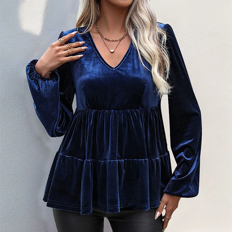 IKEARLAX 2025 2025 trade women's clothing autumn temperament elegant pullover top ruffle edge V-neck fashion velvet shirt Elbow Length Sleeve IKEARLAX 2025 2025 trade women's clothing autumn temperament elegant pullover top ruffle edge V-neck fashion velvet shirt Elbow Length Sleeve