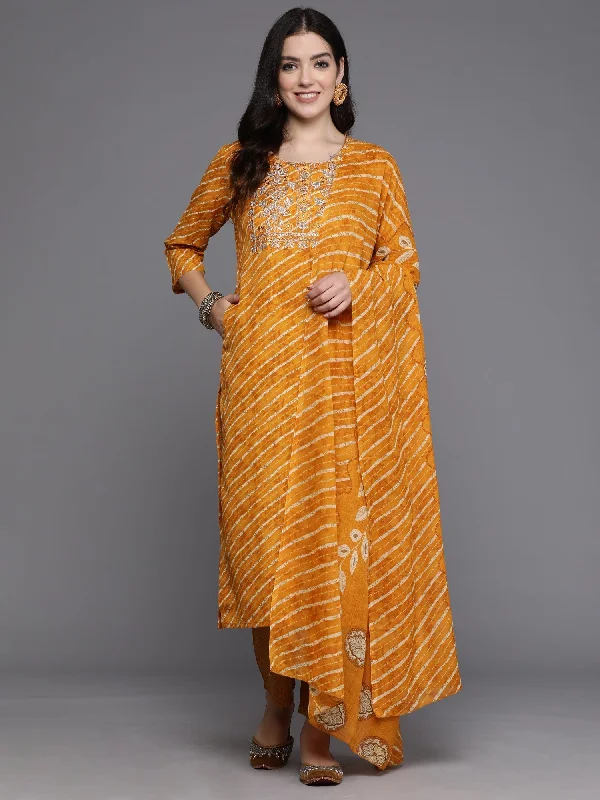 Women's Mustard Printed Straight Kurta Trousers With Dupatta Set - Indo Era Trousers Elastic Waist Soft