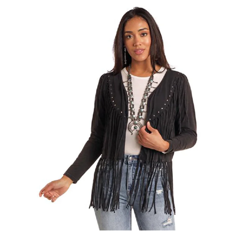 LW34T05170 Panhandle Women's Cardigan Sweater with Fringe Trim - Black Stylish Fashionable Trendy