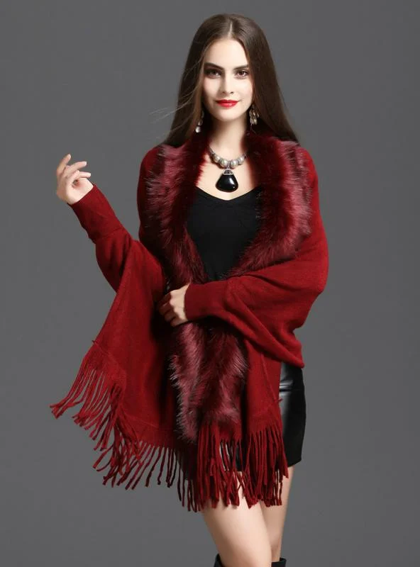LOOSE FOX LIKE FUR COLLAR TASSEL KNITTED CARDIGAN SHAWL Knit Fabric Woven Fabric Fleece Fabric LOOSE FOX LIKE FUR COLLAR TASSEL KNITTED CARDIGAN SHAWL Knit Fabric Woven Fabric Fleece Fabric