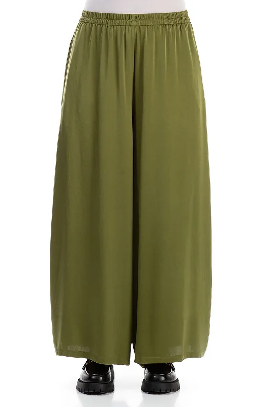 Wide Olive Silk Trousers Trousers High Rise Slim Fit