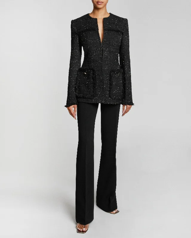 BRITT Black with Gold Lurex Tweed Jacket with Fringe Detail Hooded Jacket Caped Jacket Shawl Collar Jacket