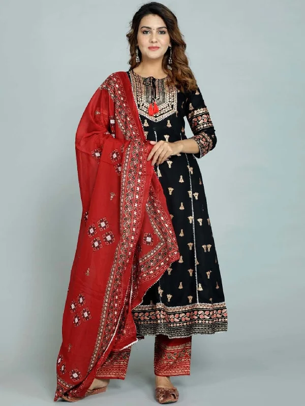 Women's Black Ethnic Motifs Embroidered Empire Kurta With Trousers & With Dupatta - Noz2Toz Trousers Ceremony Elegant