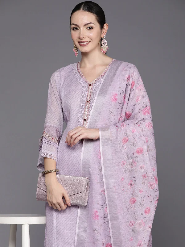 Women's Lavender Embroidered Straight Kurta Trousers With Dupatta Set - Indo Era Trousers Palazzo Wide Leg