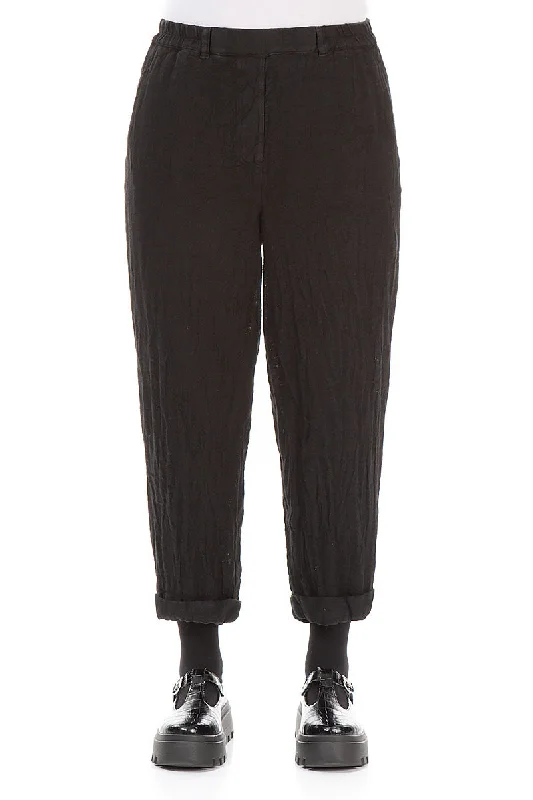 Roll Up Black Mélange Linen Trousers Trousers Handmade Artisanal