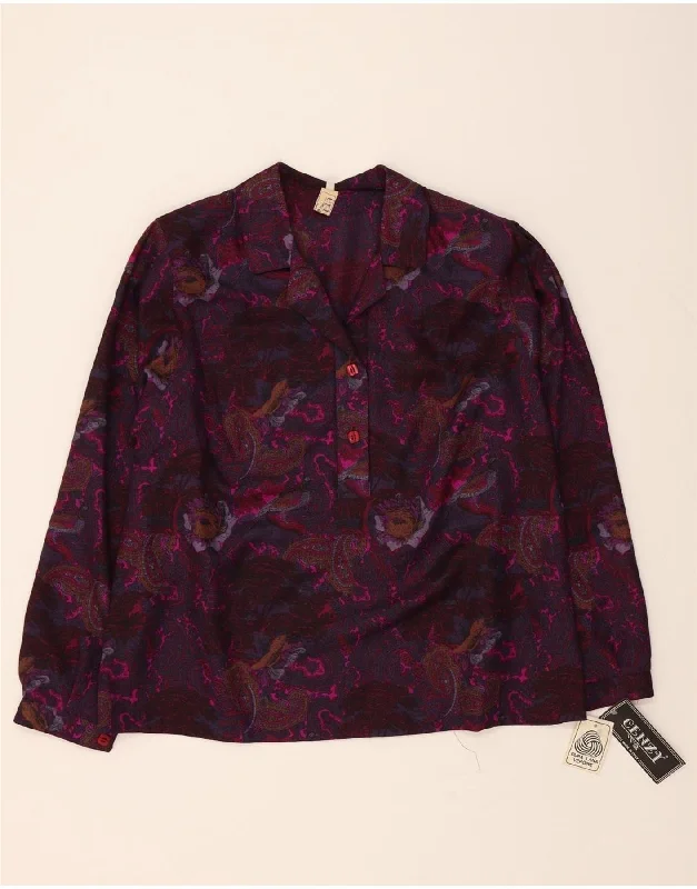 VINTAGE Womens Pullover Shirt Blouse IT 47 Large Purple Paisley Ruffle Sleeve Feminine