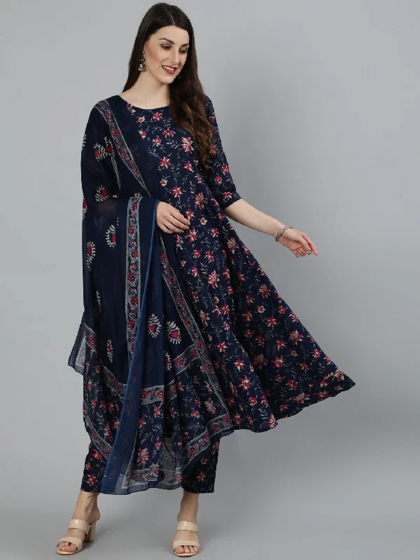 Women's Navy Blue & Pink Floral Printed Flared Kurta And Trouser With Dupatta - Nayo Clothing Trousers Yoga Stretchy