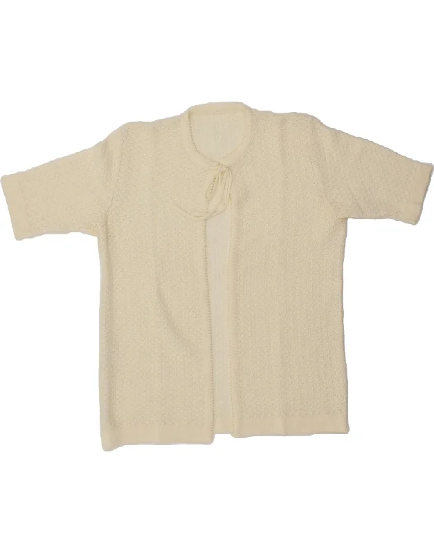 VINTAGE Womens Short Sleeve Cardigan Sweater UK 14 Medium Beige Terry Blend Velvet Blend Canvas Blend VINTAGE Womens Short Sleeve Cardigan Sweater UK 14 Medium Beige Terry Blend Velvet Blend Canvas Blend