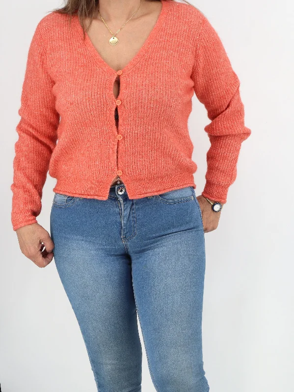 Women's Plain Cardigan,Coral Houndstooth Herringbone Solid