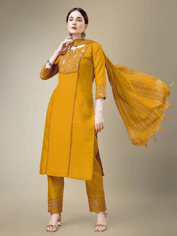 Women's Yellow Cotton Blend Embroidery & Fancy Lace Work Kurta With Trouser & Dupatta - Jyoti Fashion Trousers Brand Named